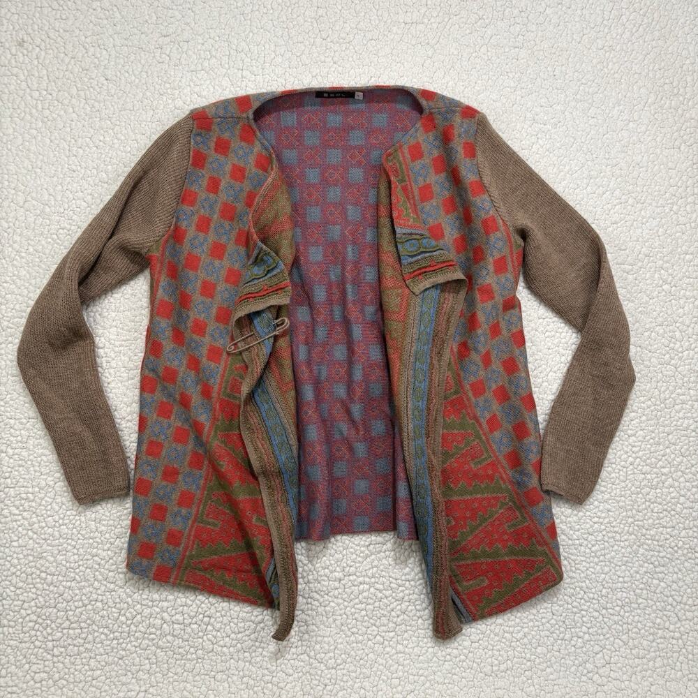 SOL Peruvian 100% Baby Alpaca Southwest Print Cardigan Sweater Sz S Draped Open